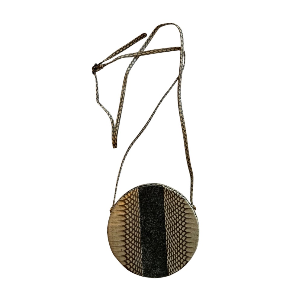 Beirn Vintage Genuine Python Snakeskin Leather Round Crossbody Bag Cream & Black